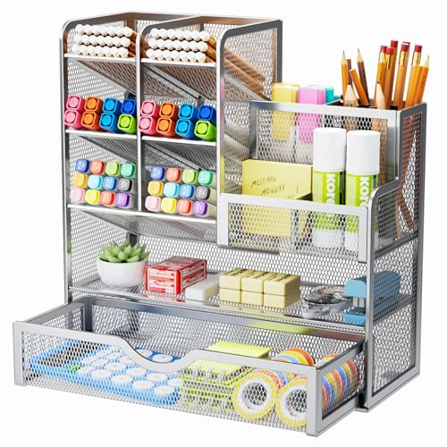 Marbrasse Organizer Scrivania in Rete,Organizer per Cancelleria,Multifunzione Porta Penne con Cassetto,Portaoggetti da Scrivania per Casa Ufficio(Argenteo)