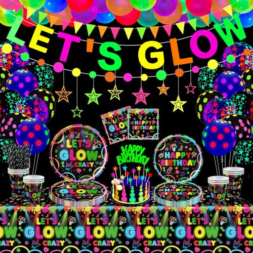 Lot de 163 accessoires de fête lumineux - Décoration d'anniversaire néon - Avec plaques, bannières, ballons, serviettes de table, nappes à thème néon - Accessoires de fête