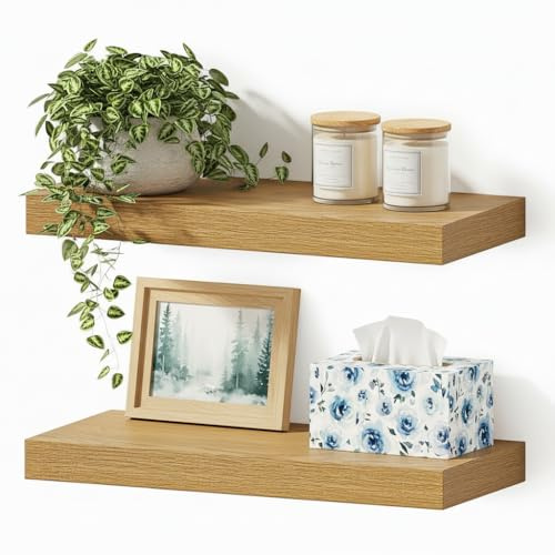 Vivelove Floating Shelves for Wall Mounted, 16 inchs Shelf for Small Bathroom, Bedroom, Living Room, Kitchen, Modern Home Decor, Rustic Farmhouse Wall Shelves with Invisible Brackets - Set of 2, Oak