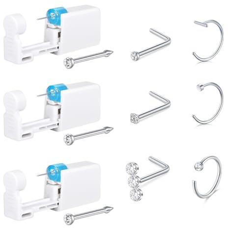 AceFun Set pistola piercing naso 9 pezzi pistola piercing argento borchie naso incorporate corredo indolore piercing auto con borchie degli anelli naso 20G pistola eliminabile piercing naso