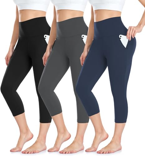 BLONGW 3 Pack Capri 3/4 Length Leggings for Women,High Waisted Cropped Leggings Soft Sport Trousers with Pockets for Workout Gym Yoga Fitness Running(Black/Grey/Navy Blue,L-XL)