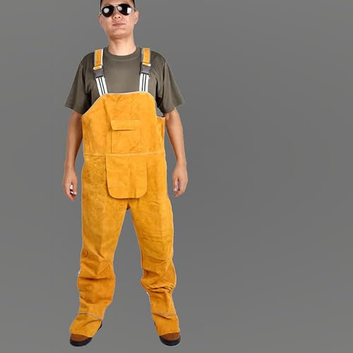 Grembiule da Saldatura in Pelle con Gamba Divisa, Grembiule Resistente alle Fiamme per Uomo, Grembiule da Officina con Gambali in Pelle, Pelle di Mucca,Giallo,XL