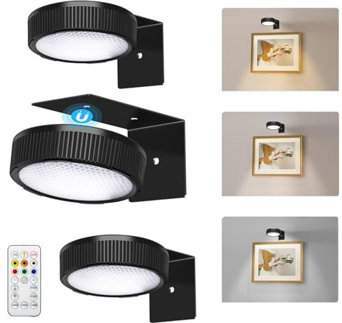 Yohiioyo 3 Pack Picture Lights for Wall, Battery Operated Art Picture Light, Magnetic LED Mural Frame Lamps, 3 Colors Dimmable Temps Lamp for Painting/Mural/Bedroom(Black)