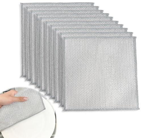 GCNWW 10-Pack Double-Layer Stainless Steel Dish Cloths – Non-Scratch, Reusable Wire Cleaning Cloths, Steel Wool Scrubber for Kitchen Pots Pans Stovetop Sink (20x20cm, Rust-Proof)