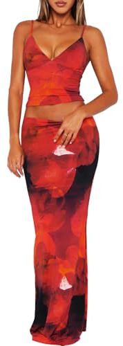 TZLDN Women Maxi Skirt Sets Two Piece Outfit Floral Long Skirt Cami Top Summer Going Out Outfits Y2K Festival Beach Red M