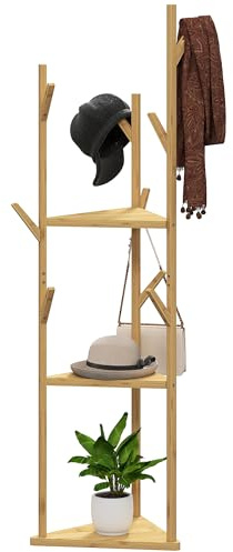 HOMCOM Garderobenständer, Jackerständer mit 3 Ebenen, 9 Haken, Garderobe Moderner Kleiderständer für Hut Tasche Kleidung, Wohnzimmer, Natur
