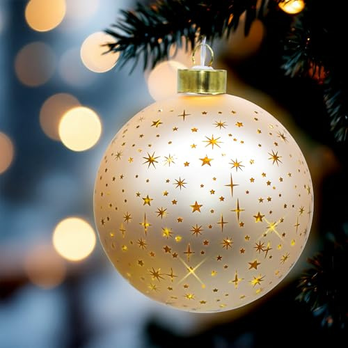 LED Glas Weihnachtskugel Champagner zum Hängen mit Timer - 12 cm - Dekokugel mit Sterne Motiv Soft Gold beleuchtet batteriebetrieben - Weihnachten Advent Deko Beleuchtung Kugel Hänge Leuchte