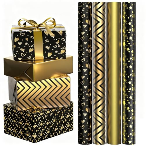 FeinKulturia Presentpapper svart guld 43 x 300 cm, 4 högkvalitativa presentpappersrullar födelsedag barn vuxna till jul, bröllop, alla hjärtans dag, fest presentdekoration