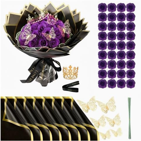 HORREX 24 Rose Finte, Fiori Artificiali, Rose Glitterate, Bouquet Fiori Finti con Corona, per Regali di Matrimonio, Anniversario, Compleanno, San Valentino Regali Natale Originali (Viola)