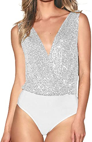 Foweknow Body da Donna a Maniche Lunghe con Paillettes, Senza Maniche, con Scollo Profondo, Top da Notte, Shapewear, Body String, Sottoveste, Top, Monopezzo, Playsuit, per Festa in Discoteca, Top da