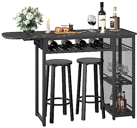 Bestier Bar Table and Chair Set, Expandable Dining Table with 2 Bar Stools, Industrial Kitchen Counter with Wine Rack & 3 Tier Adjustable Storage Shelves (Black)