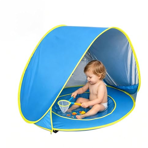 RANJIMA Tienda de playa Pop Up con protección UV, UPF 50+ Tienda de playa para bebé con mini piscina, techo extraíble, tienda de campaña portátil, protección contra el viento, para niños pequeños