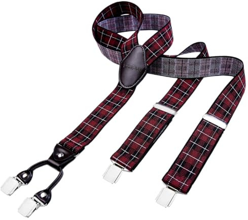 DonDon Bretelle da uomo eleganti extra forti 3,5 cm con 4 clip e toppa in pelle marrone a quadretti rosso scuri e neri