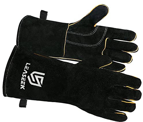 LeaSeek Welding Gloves, Heat/Fire Resistant Leather Barbecue Gloves,Mitts for Fireplace,BBQ,Welder,Grill,Oven,Stove,Tig