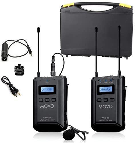 Movo WMX-20 - Sistema microfonico lavalier wireless UHF a 48 canali con 1 ricevitore, 1 trasmettitore e 1 microfono da bavero, compatibile con fotocamere DSLR (portata audio 100 m)