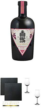 Otto 996 Kaiserstuhl Vermouth Rose 0,75 Liter + Schiefer Glasuntersetzer eckig ca. 9,5 cm Ø 2 Stück + Nosing Gläser Kelchglas Bugatti mit Eichstrich 2cl und 4cl - 2 Stück