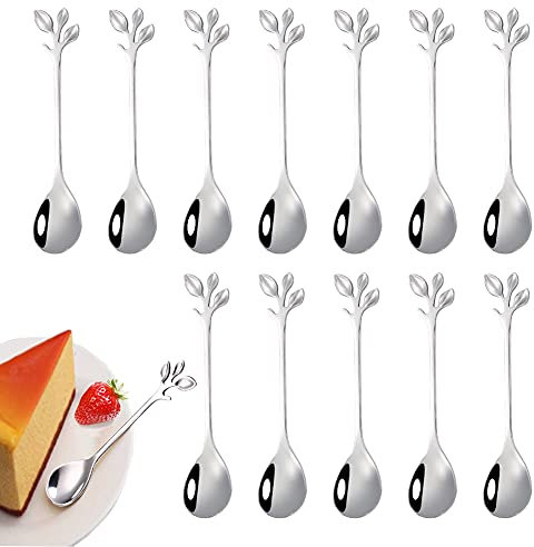 12 pièces de cuillère à café en feuille d'acier inoxydable,mini cuillère à café cuillère à dessert design branche,utilisé pour l'eau thé lait café dessert boisson ustensiles milkshake mélangé(argent)