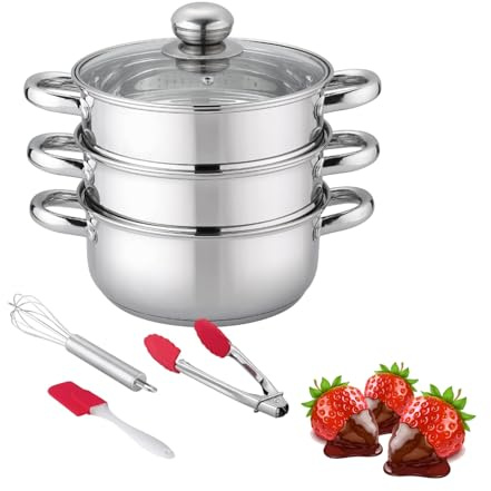 Double Boiler & Steam Pots for Chocolate and Fondue Melting Pot, Candle Making, Stainless Steel Steamer with Tempered Glass Lid for Clear View while Cooking, Dishwasher (3 Cooking Utensils Set)