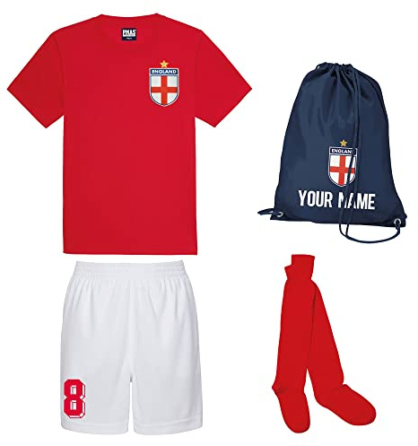 Personalised England Style Kit Red Football Shirt, White Shorts, Bag and Socks for Boys and Girls Best Birthday Gift for Children Kids Playwear (9-11 Years),Fire Red