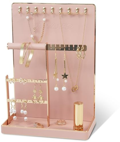 KAMIER Jewelry Organizers and Storage Stand - 4-Tier Cute Earring Holder Organizer Necklace Storage with 10 Hooks - Small Aesthetic Jewelry Tower Rack Tree for Women Girls, Pink
