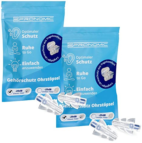 Pronomic E20 Bouchons d'Oreille 20dB, lot de 2x2, protection auditive design sapin, filtre bleu, atténuation 20 dB, taille moyenne, silicone souple.