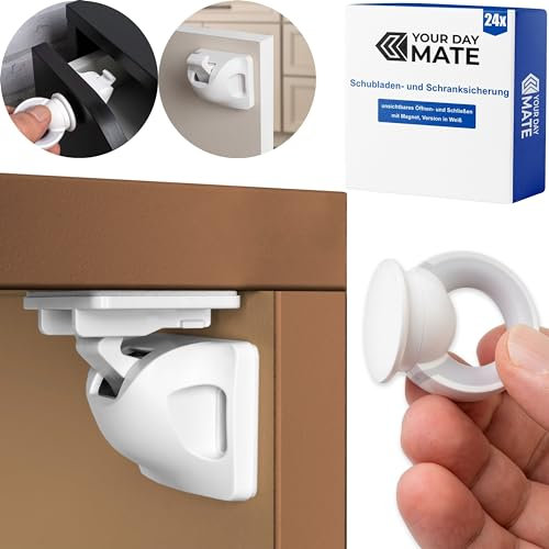 Unsichtbare Schubladen- und Schranksicherung, Komplett Set für bis zu 24 Schubladen und Schranktüren, mit Anleitung, 24 Schlösser + Schlüssel Set, magnetische Kindersicherung zum Kleben oder Schrauben