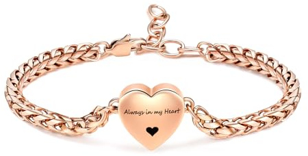 Minicremation - Bracelet avec pendentif urne pour cendres, médaillon en forme de cœur, bracelet de crémation, pendentif ajustable pour cendres, chaîne à maillons pour femme, Always in my heart, 22 cm