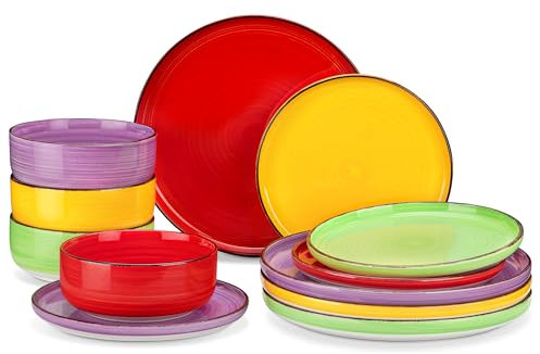 vancasso Bonita Stoneware Dinnerware Sets, 12 Pieces Dishes Set，Polished Round Plates and Bowls Set for 4, Dishwasher and Microwave Safe, Multicolor