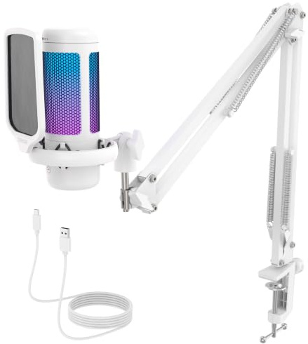 TONOR Micro PC Gaming RGB, USB Microphone Condensateur Professionnel Mic avec Support de Bras pour Streaming, Enregistrement, Youtube Discord Gaming, Voix-Off pour Ordinateur Laptop Mac TC310+ Blanc