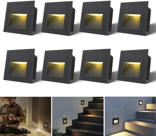 Arotelicht 8er 3W LED Illuminazione per scale Applique da parete 230 V Bianco caldo Interno Angolare Alluminio Incasso IP44 Nero
