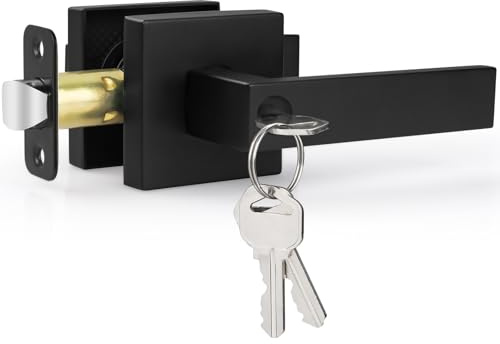 Estmoon Door Lock Matte Black Door Knob with Lock, Heavy Duty Keyed Front Door Handle Exterior Lockset, Entrance Exterior Door Knob for Bedroom, Bathroom, Front Door, Office, 1 Pack