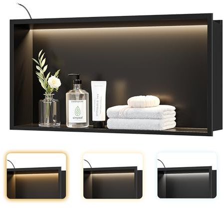 Neohomee Wall Recess Shower Stainless Steel with LED Lighting, Shower Niche Black Single Shelf Recessed Recess with Colour Temperature Setting Storage for Bathroom 60 x 30 cm