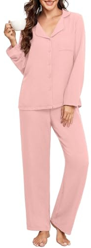 PrinStory pyjamas dam lång pyjamas med knappar dam långärmad topp och pyjamasbyxor, Ljusrosa, M