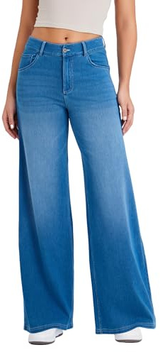 LaiEr Jeans à Jambe Large pour Femmes,avec Design Classique de Devant à Bouton et Fermeture éclair,Coupe Ample,Pantalon en Denim à Haute élasticité adapté