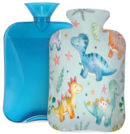 Mexpekil Bonita bolsa de agua caliente de dinosaurio de dibujos animados con funda, bolsa de agua caliente de PVC de 2 L para aliviar el dolor, pies, espalda, calor