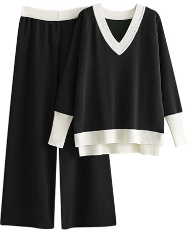 Tuta Donna Elegante Completo 2 Pezzi Maglia Maniche Lunghe Pullover Top Elastico in Vita Pantaloni a Gamba Larga Set Complete da Casa per Autunnale Invernale Primavera (01-1Nero, Taglia unica)