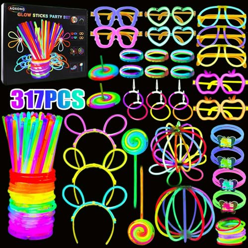 JUQG 317 Pièces Bâtonnets Lumineux pour Enfants, Bracelet Fluorescent Lumineux, Bracelet Fluo pour Carnaval avec Connecteurs, Pour Halloween, Noël, Anniversaires, Mariage, Fournitures de Fête Sombre