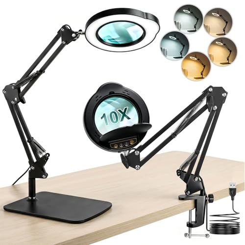 Förstoringsglas med ljus och stativ, 10 x LED-förstoringsgla, lupplampa med bordsklämma och äkta glaslins, 5 färglägen 10 ljusstyrkenivåer, handsfree för reparationer, läsning, hantverk