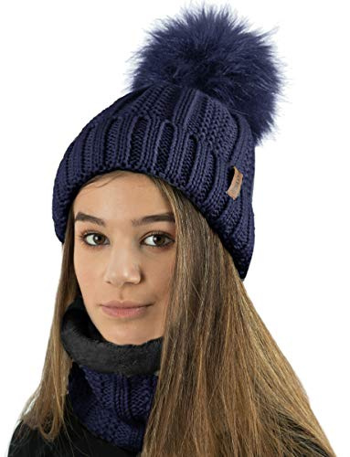 TOSKATOK Dam, vinter, ribbad pärlmönster, beanie, bobble hatt med varm mysig fleece, foder och stor fuskpäls med tofsar