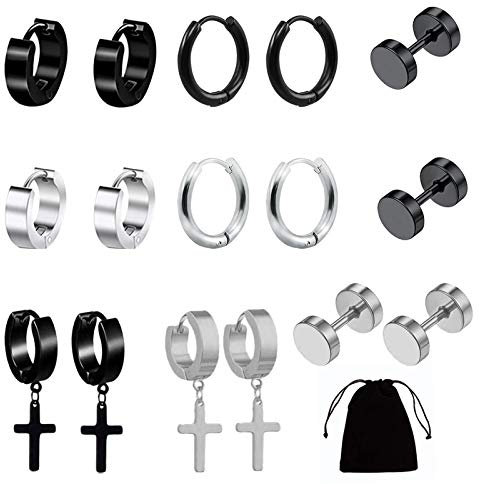 8 Pairs Mens Earrings Black And Silver Stainless Steel Stud Earrings Small Steel Cross Dangle Hinged Hoop Earrings Huggies Cartilage Hoop Earrings Hip Hop Screw Earrings Circular Earrings Piercing