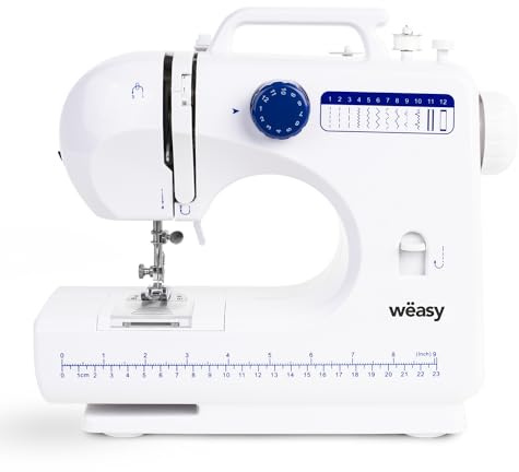 Wëasy Machine à Coudre Blanc Electronique 12 points SW45, Couture pour Débutant et Amateur, Portable, Multifonctions, Ajustable 2 vitesses, Manuelle ou à pédale, Eclairage LED