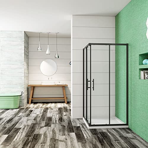 Ducha Casa 76x76x190cm Mampara de ducha angular corredera cuatro hojas(dos movibles y dos fijas), 6mm cristal templado, marco de aluminio negro