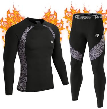 MeetHoo Intimo Termico Uomo Biancheria Intima Termica Set Antivento Funzionale Base Layer Traspirante Maglia Termica & Pantaloni per Invernali Sportiva Sci Corsa