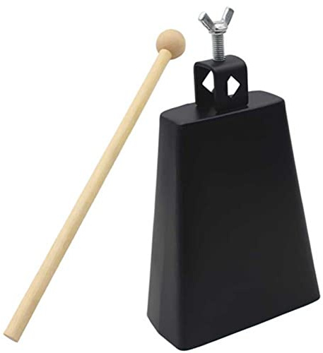 Bnineteenteam Cencerro de Mano, Campana de Percusión 6 Pulgadas (15 cm) Metal Negro con Palo para Músicos, Bandas, Fiestas y Samba