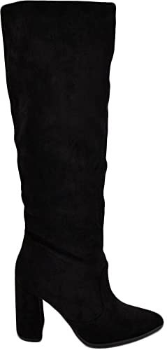 Stivale Donna Alto Rigido in camoscio Nero Tacco Largo Liscio Linea Basic a Punta Moda Altezza Ginocchio Zip (39 EU)