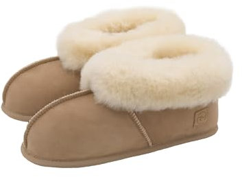 Rohn Moden Lammfell Hausschuh Chalet für Damen und Herren, Hüttenschuh mit weicher Ledersohle, warmer Hausstiefel für Erwachsene in Top Qualität, beige (Größe 39)