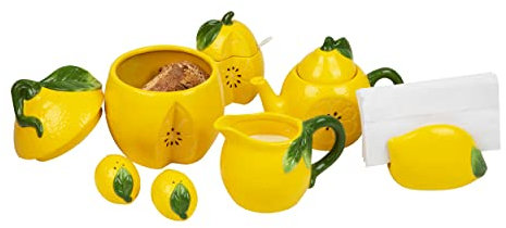Maison Sucasa 7pc Lemon Kitchen Set, Includes Teapot, Creamer, Sugar Bowl & Spoon, Napkin Holder, Salt & Pepper Shakers and a Cookie Jar, Ceramic, Set of 7, Yellow