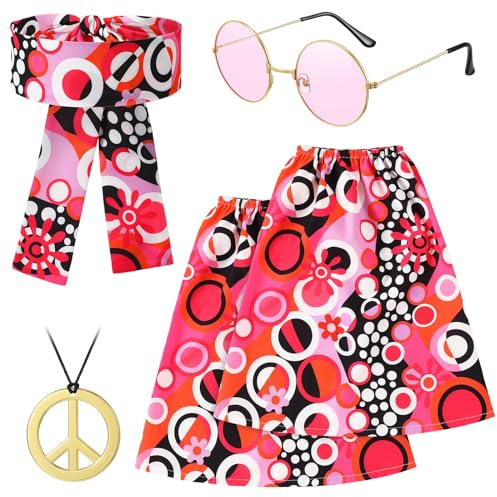Hestya Set di 4 Accessori per Costume Hippie da Donna Kit di Travestimento Hippie Anni '70 Fascia per Capelli Scaldamuscoli Occhiali da Sole Collana con Segno di Pace per Ragazze Carnevale (Rosa)