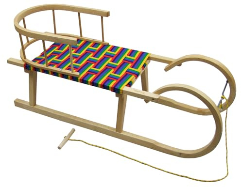 Luge à cornes en bois pour enfant avec dossier et corde de traction 100 cm Assise en fibres synthétiques arc-en-ciel