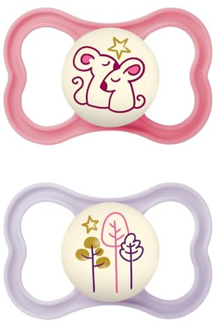 MAM Air Succhietto 16+ Mesi (Set da 2), Ciuccio MAM 16-36 mesi che si illumina al buio pelli sensibili, Kit da 2 accessori neonato con tettarella in silicone e porta ciuccio sterilizzatore, Rosa/Lilla